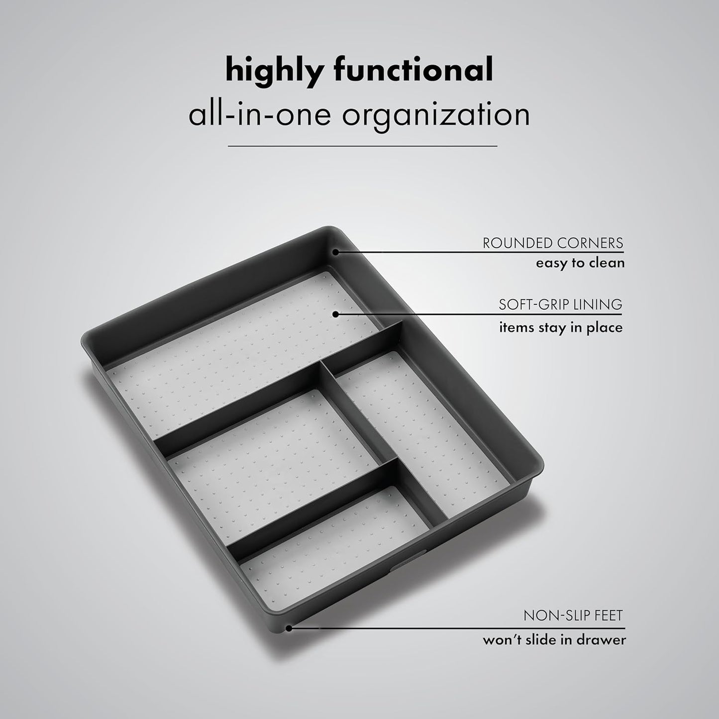 Madesmart Classic 4-Compartment Drawer Organizer Gadget Tray, Plastic Multipurpose Storage Bin for Drawers, Granite