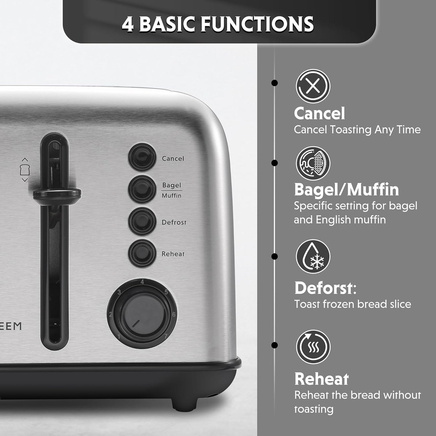 BUYDEEM DT640 Retro 4 Slice Toaster, 7 Shade Settings, Extra Wide 1.5'' Slots, Stainless Steel Toaster with Bagel Muffin Defrost Reheat Function, Retro Silver