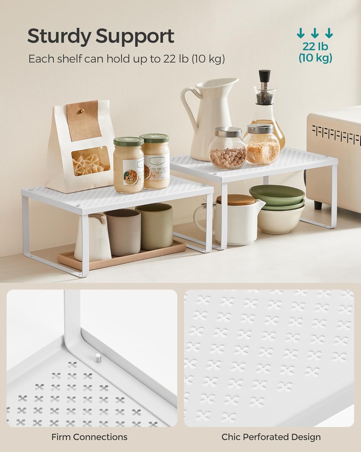 SONGMICS Spice Racks, Set of 4 Metal Cabinet Shelf Organizers, Countertop Organizers, Shelf Risers, Stackable, Expandable, White UKCS006W01