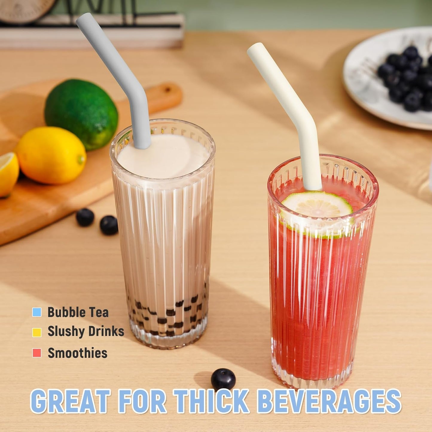 NiHome 6PCS Extra Wide Reusable Bent Silicone Straws for Boba, Smoothies, Bubble Tea, Bent Straws for Thick Drinks, Child-Safe, Customizable Length, 2 Brushes Easy Cleaning (Black, White & Gray)