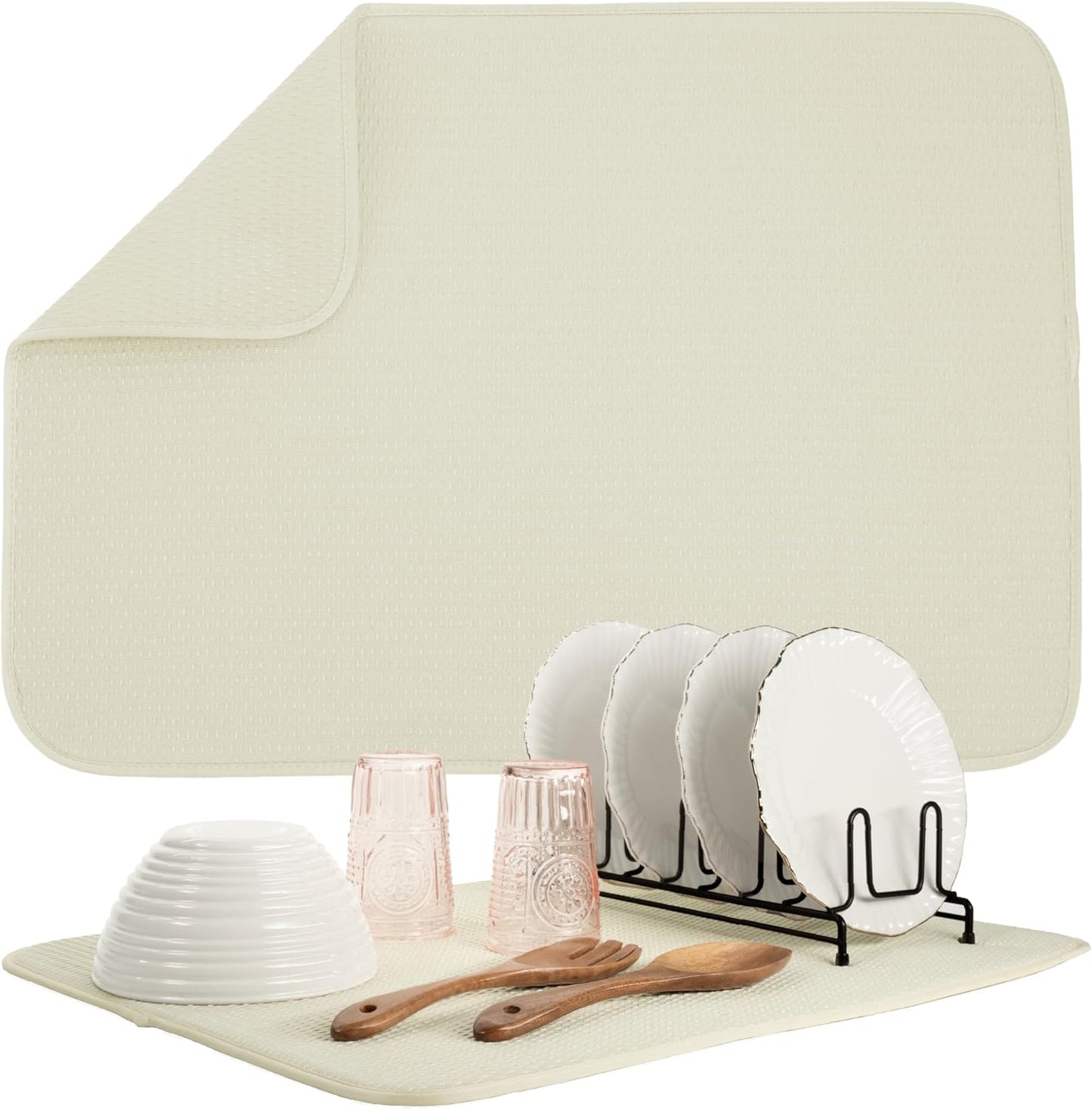 S&T INC. Dish Drying Mat XL, 18” x 24”, Absorbent Microfiber Kitchen Counter Mat, Drying Pad for Dishes, Utensils, Pots and Pans, Extra Large, Diamond Texture, Cream