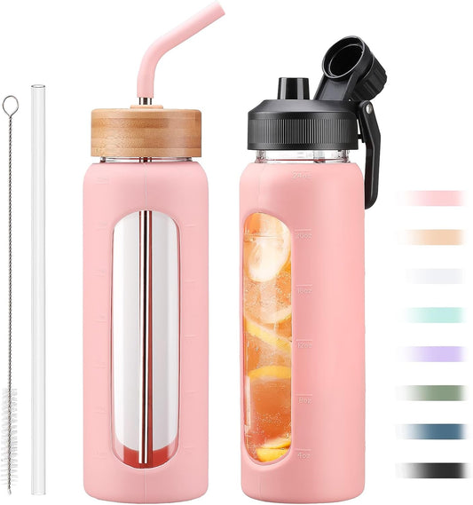 Glass Water Bottle with Straw, 24oz Glass Drinking Bottle with 2 Lids-Bamboo and Spout Lid with Phone Holder Handle for Gym Sports,with Silicone Sleeve and Time Marker,Pink