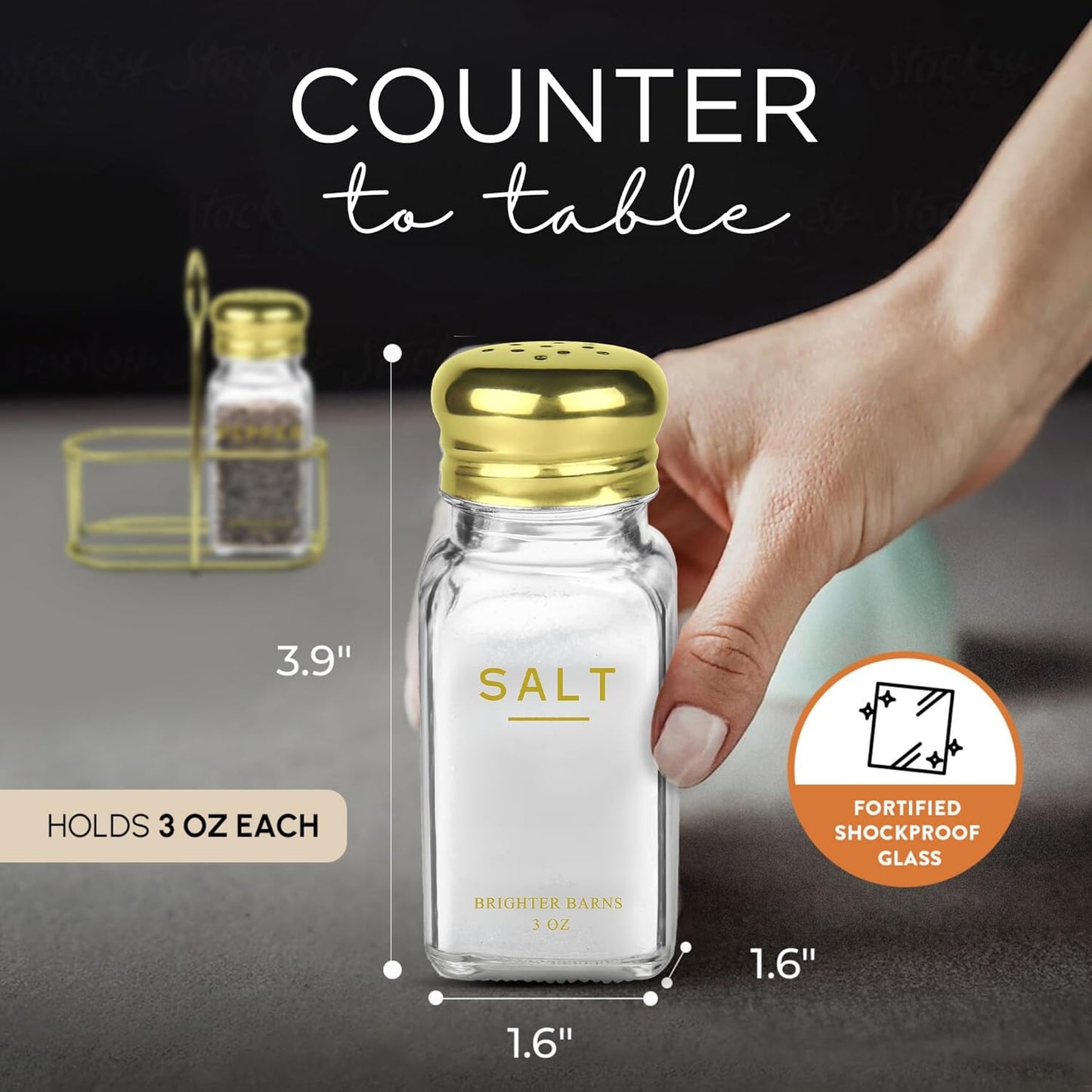 Gold Salt and Pepper Shakers Set with Holder by Brighter Barns - Luxury Kitchen Decor & Accessories - Modern Glass Shakers with Stand & Stainless Steel Lids for Neutral Home, Restaurants (Clear/Gold)