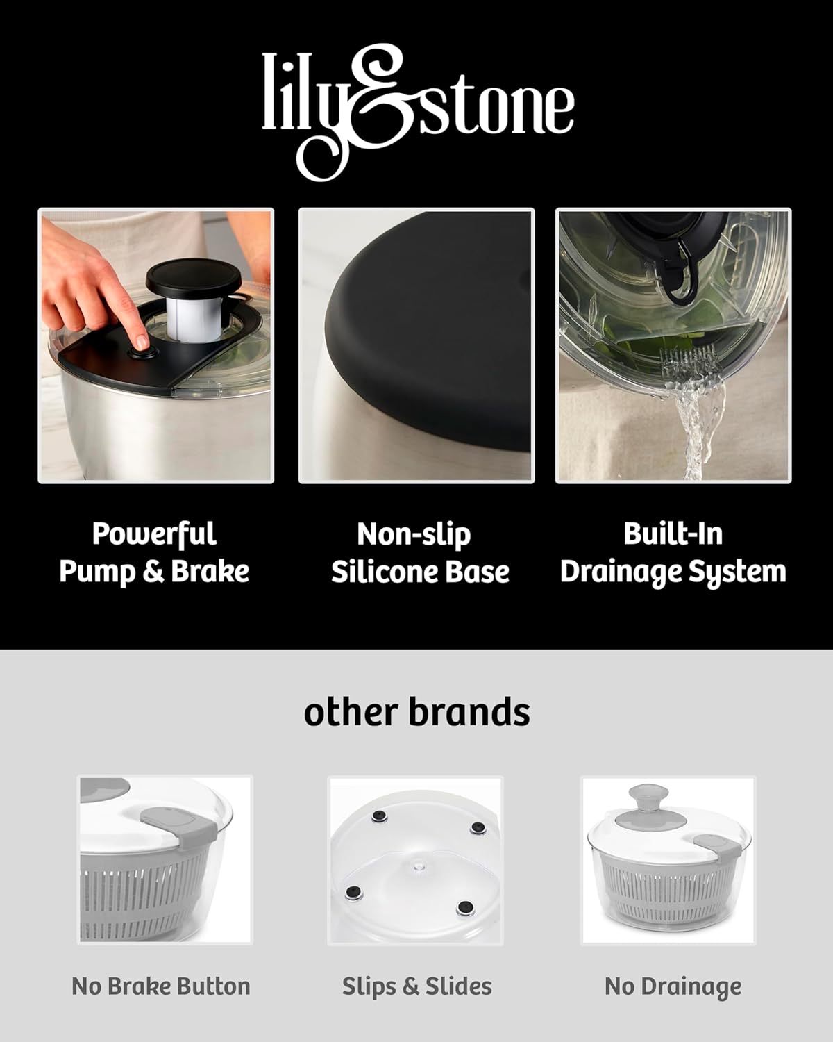 Stainless Steel Pump Salad Spinner Large - Easy Compact Kitchen Tool - Stainless Steel Bowl, Drain & Colander - Lettuce Spinner, Vegetable Dryer, Fruit Washer, Pasta & Fries Produce Strainer - 6.33 Qt