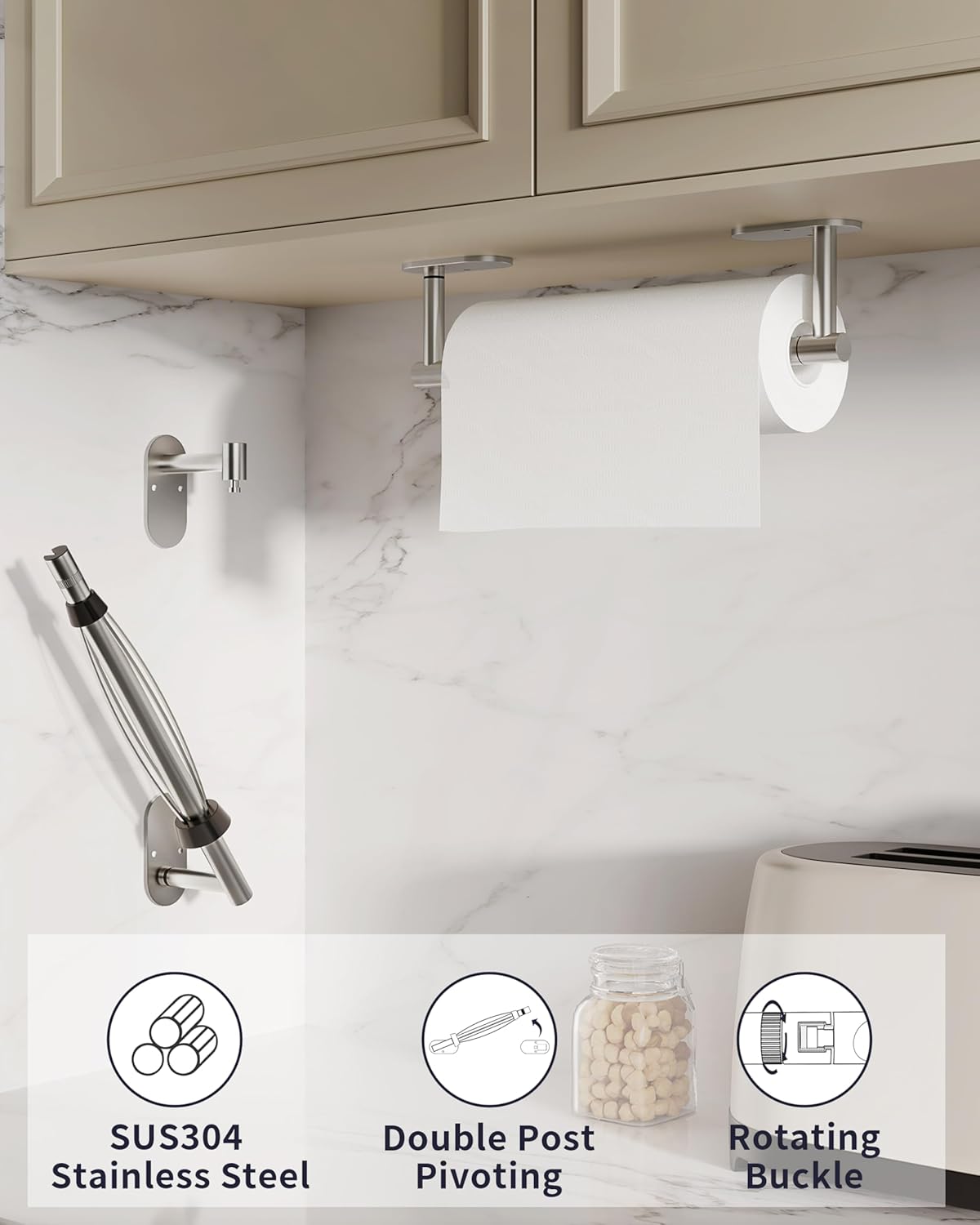 Paper Towel Holder Under Cabinet, Self Adhesive or Wall Mount for Kitchen Bathroom, Stainless Steel Paper Towel Holders with Damping Effect, Single Hand Operable (Silver)