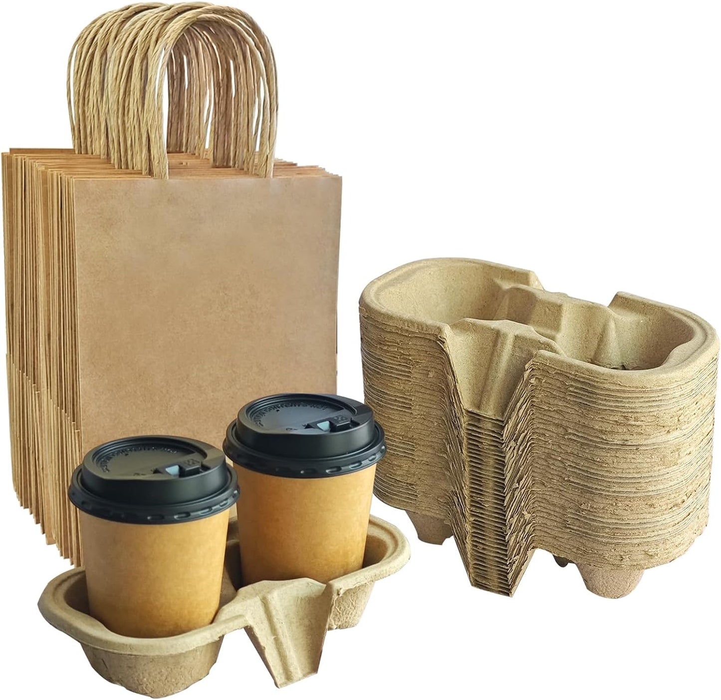 Take-Out Paper Bags And Two Drink Paper Trays 40 Pack,Two Cup Carrier Tray Coffee Cup Holder Disposable Cup Holder Tray,Brown Baper Bags With Handles Bulk (Two-cup size)