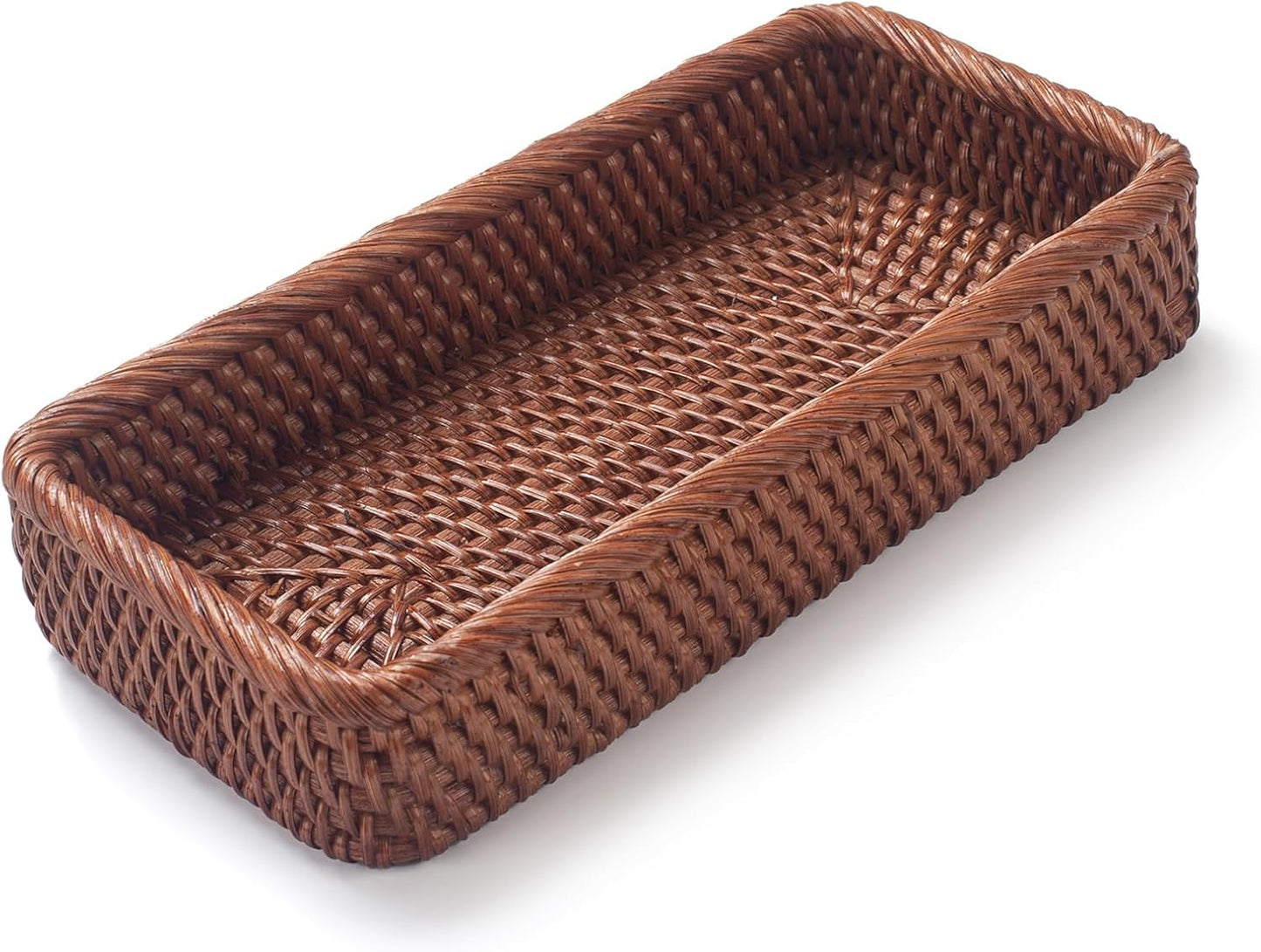 Rattan Bathroom Vanity Trays Toilet Tank Baskets Long Narrow Hand Towel Storage Basket for Storage, Decorative (Honey Brown 10.2 x 4.9 x 1.6 inch)