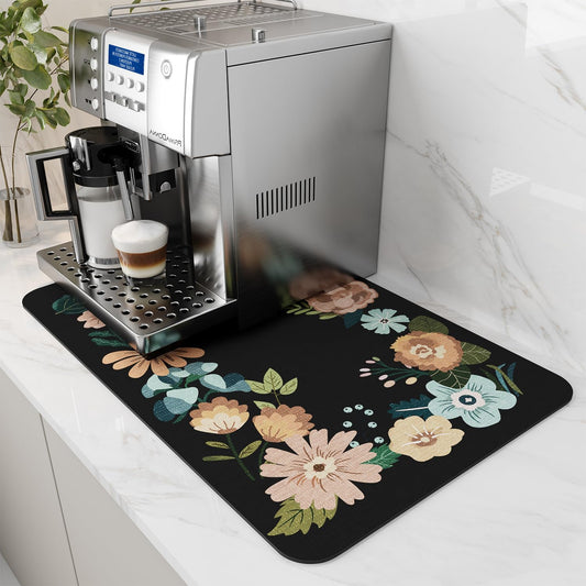 AMOAMI Coffee Mat Hide Stain Rubber Backed Absorbent Dish Drying Mat for Kitchen Counter - Bar Accessories Fit Under Coffee Maker, Espresso Machine, Dish Rack - Floral Black 12x19