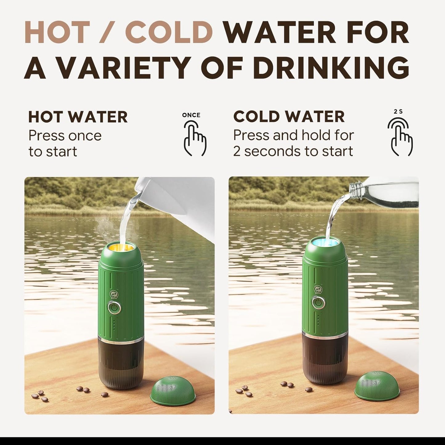 Rich Crema Portable Electric Espresso Coffee Maker, Fast self-heating 2 IN 1 Extraction System Espresso Machine, Support Ground Coffee and NS capsule, for Travel、Car、Hiking、Climbing（Green）