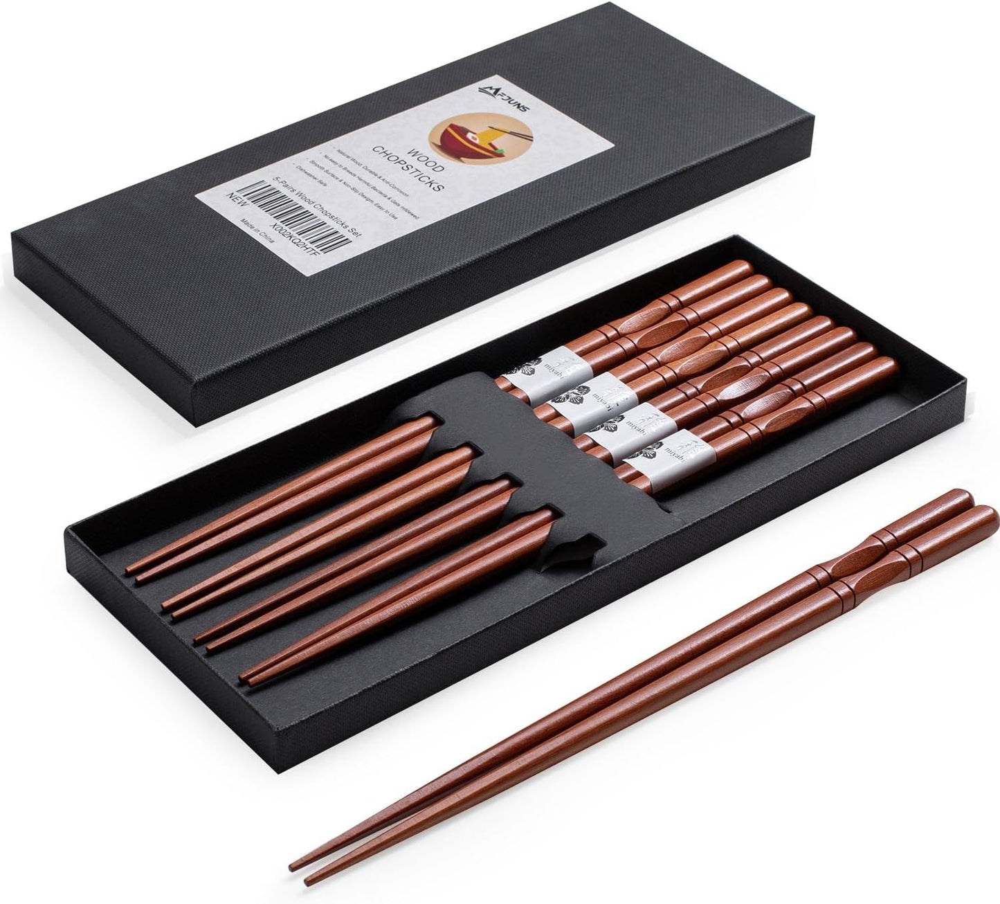 5-Pairs Japanese Chopsticks, Reusable, Non-slip Design, Natural Wood, Brown, 8.8 Inch/22.5cm, Easy to Use, Suitable for Beginners, Gift Set