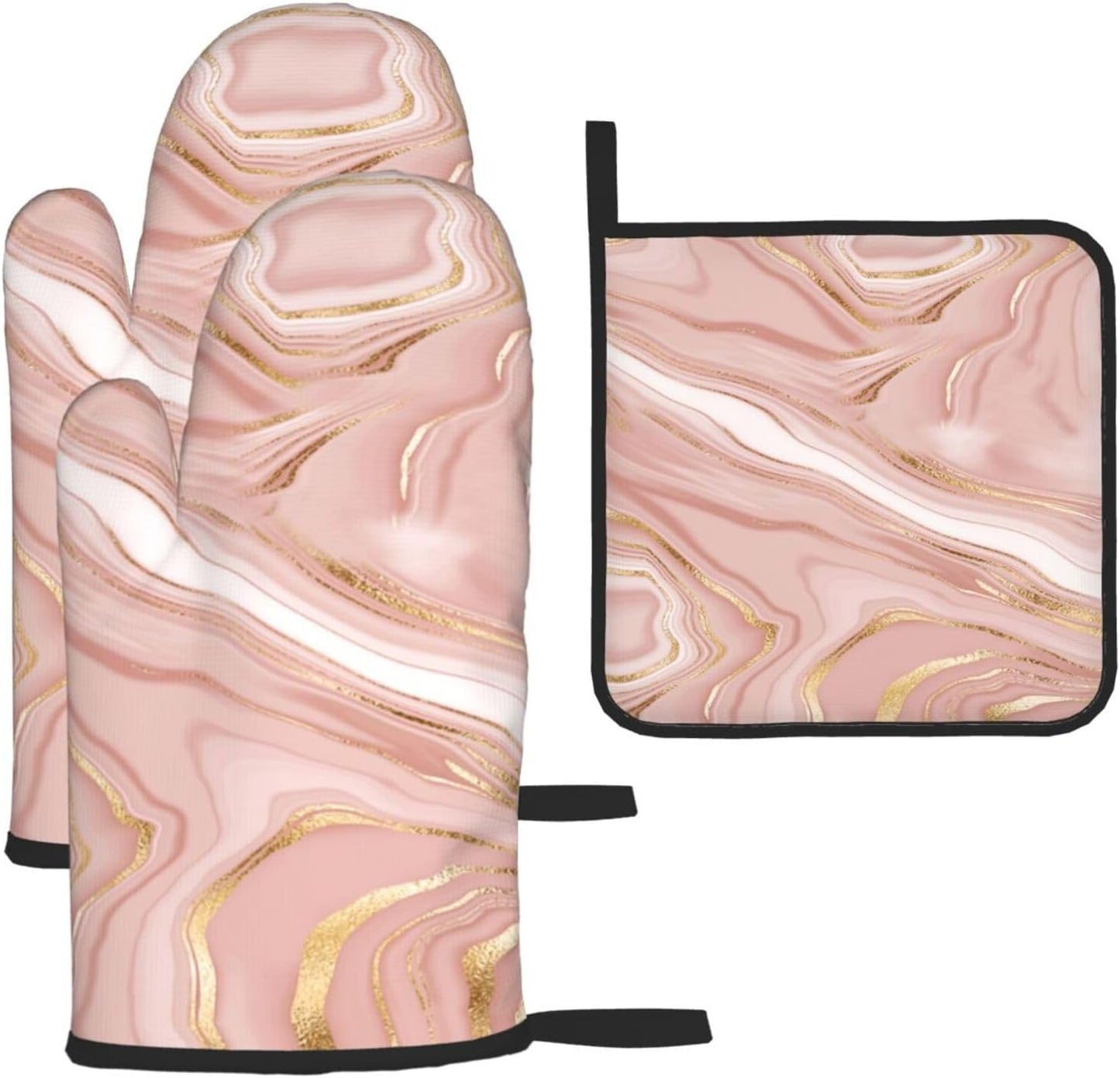 Pink Golden Marble Oven Mitts and Pot Holders Sets of 3 Heat Resistant Hot Pads Rose Pink Modern Oven Gloves for Kitchen Cooking BBQ Baking