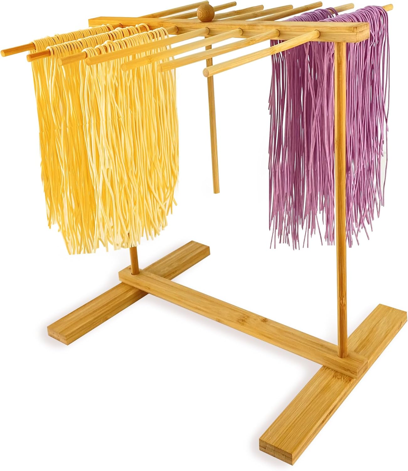 Bamboo-Pasta-Drying-Rack With Transfer Wand & 14 Arms, Large Tall Collapsible Fresh Pasta Dryer Holder For Homemade Noodle, Spaghetti, Tagliatelle, Detachable Fettuccine Hanger Stand With 14 Bars