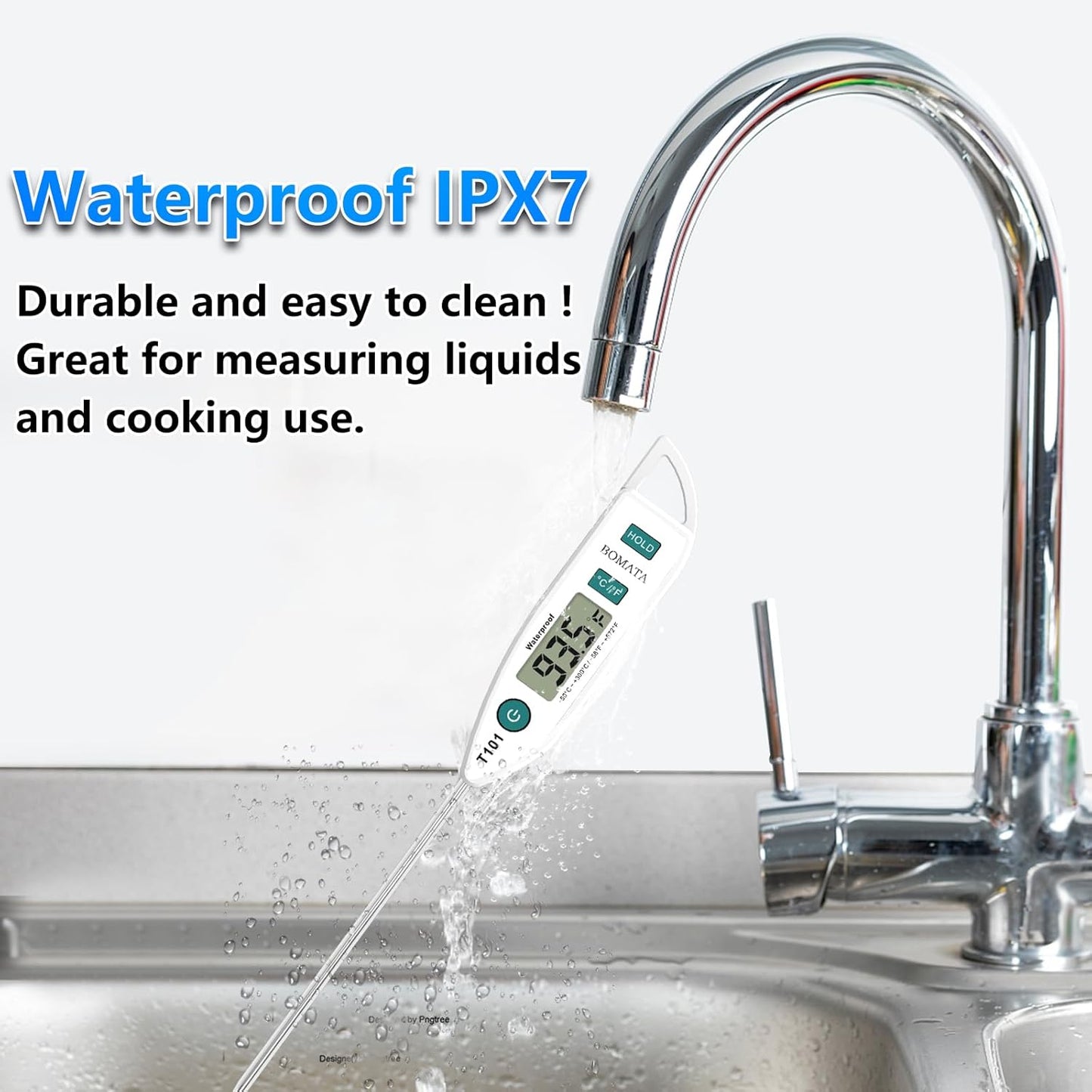 BOMATA Waterproof IPX7 Thermometer for Water, Liquid, Candle and Cooking. Instant Read Food Thermometer with Long Probe for Cooking, Meat, BBQ! T101 White