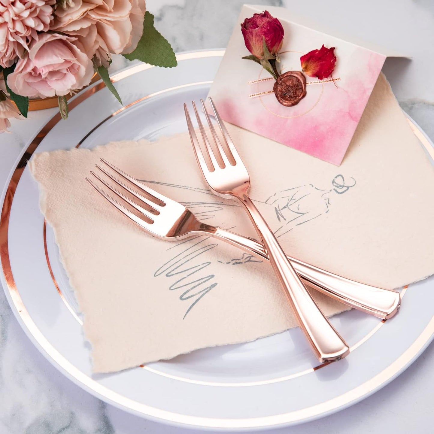 Liacere 200 Pack Rose Gold Disposable Forks - 7.4 Inch Heavy Duty Plastic - Rose Gold Silverware for Catering, Parties, Dinners, Weddings & Mother's Day