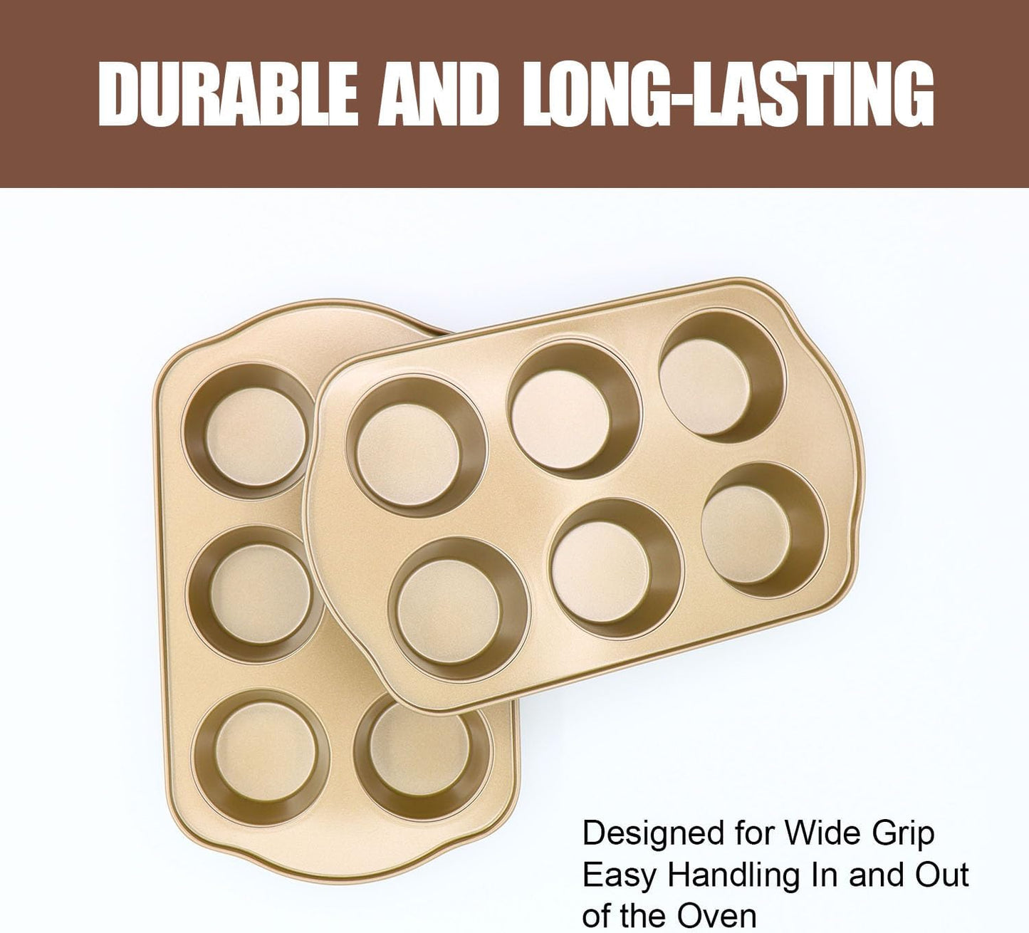 Jumbo Muffin Pan 2 Pack, Nonstick Large Cupcake Pan 6 Cup, Heavy Duty 0.5mm Thick Steel Big Muffin Tins for Baking, 3.5inch Dia, Gold