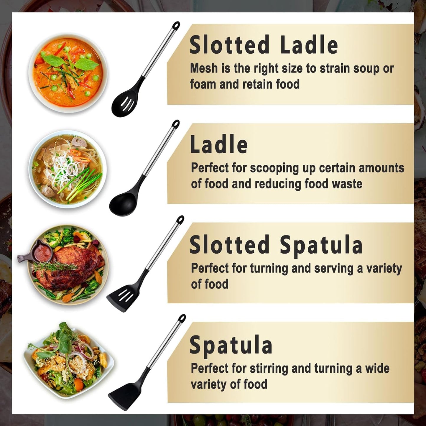 Pleafind 4-Pcs Silicone Cooking Utensils Set, Wok Utensils Set Include Wok Ladle, Slotted Spoon, Solid Spatula and Slotted Spatula, Silicone and Stainless Steel Kitchen Utensils, Dishwasher Safe