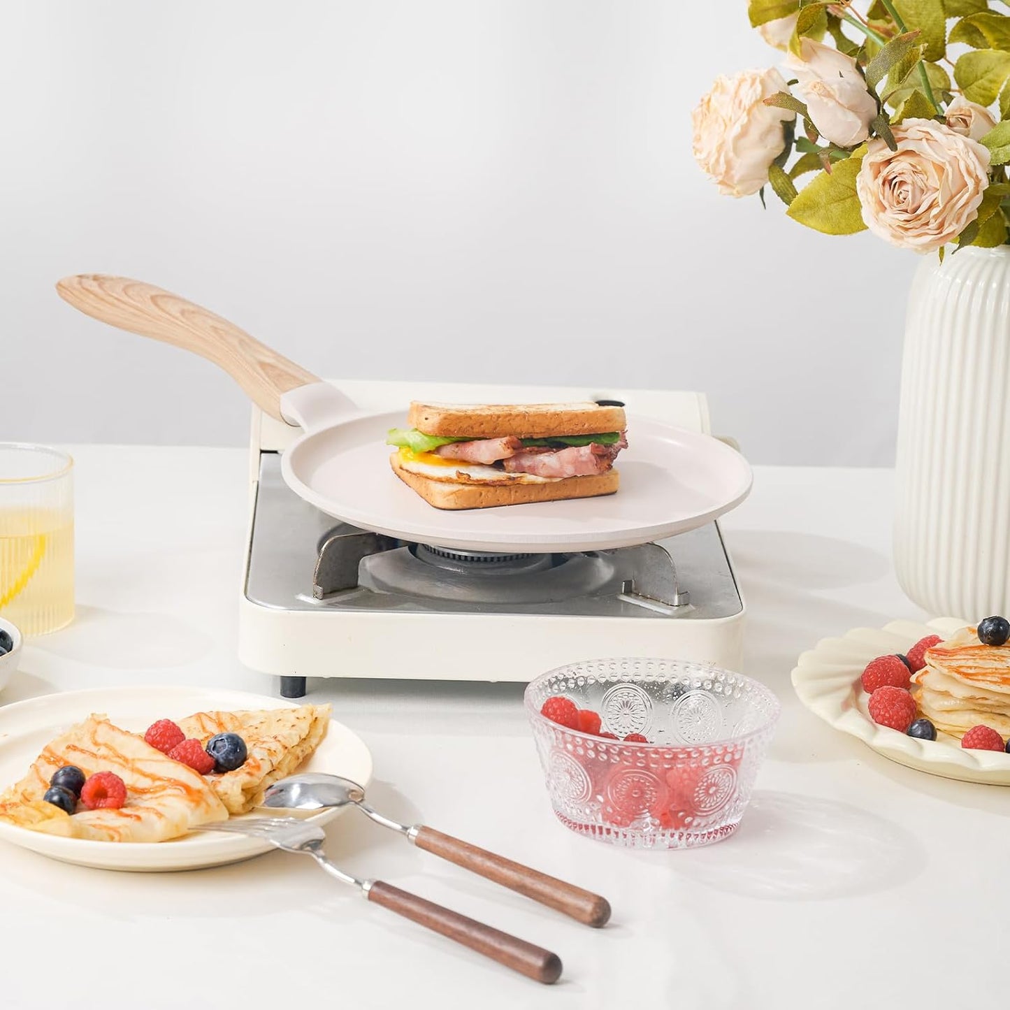 JEETEE Crepe Pan Nonstick, 11 inch Comales Para Tortillas Griddle Pan for Stove Top, Granite Coating Flat Pancake Pan Dosa Tawa, PFOA FREE and Induction Compatible (Beige)