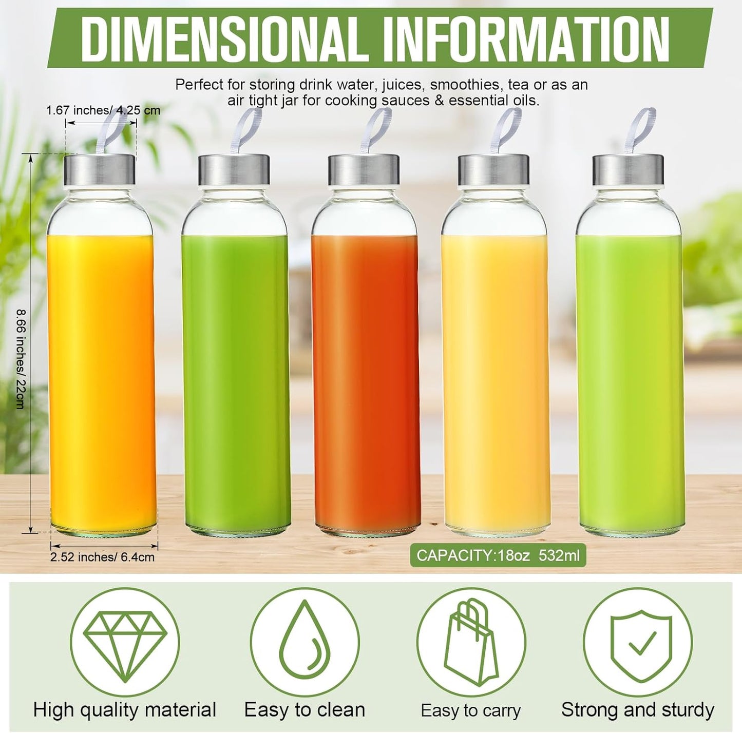 Vesici 12 Set 18 oz Clear Glass Water Bottles, Reusable Glass Juicing Bottles with Protection Sleeve and Stainless Steel Leak Proof Lids for Milk Smoothie Juice Beverage Tea (Black,Stylish)