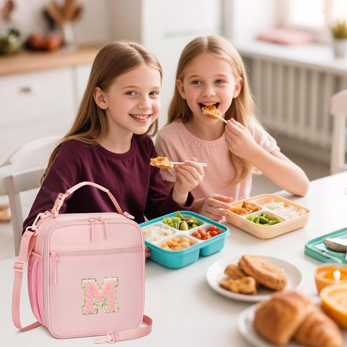 Initial Insulated Lunch Bag for Girls Kids, Back to School Gift, Reusable Leak-proof Lunch Box with Adjustable Strap for School Daycare Travel Picnic (Pink,M)