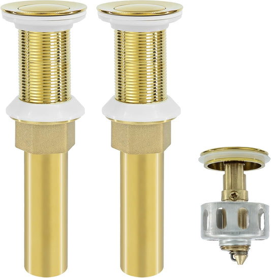 Bathroom Sink Drain,2 Pack Gold Stainless Steel Bathroom Drain Stopper Without Overflow,Small Cap Pop Up Drain Assembly with Detachable Strainer Basket,Built-in Anti-Clogging