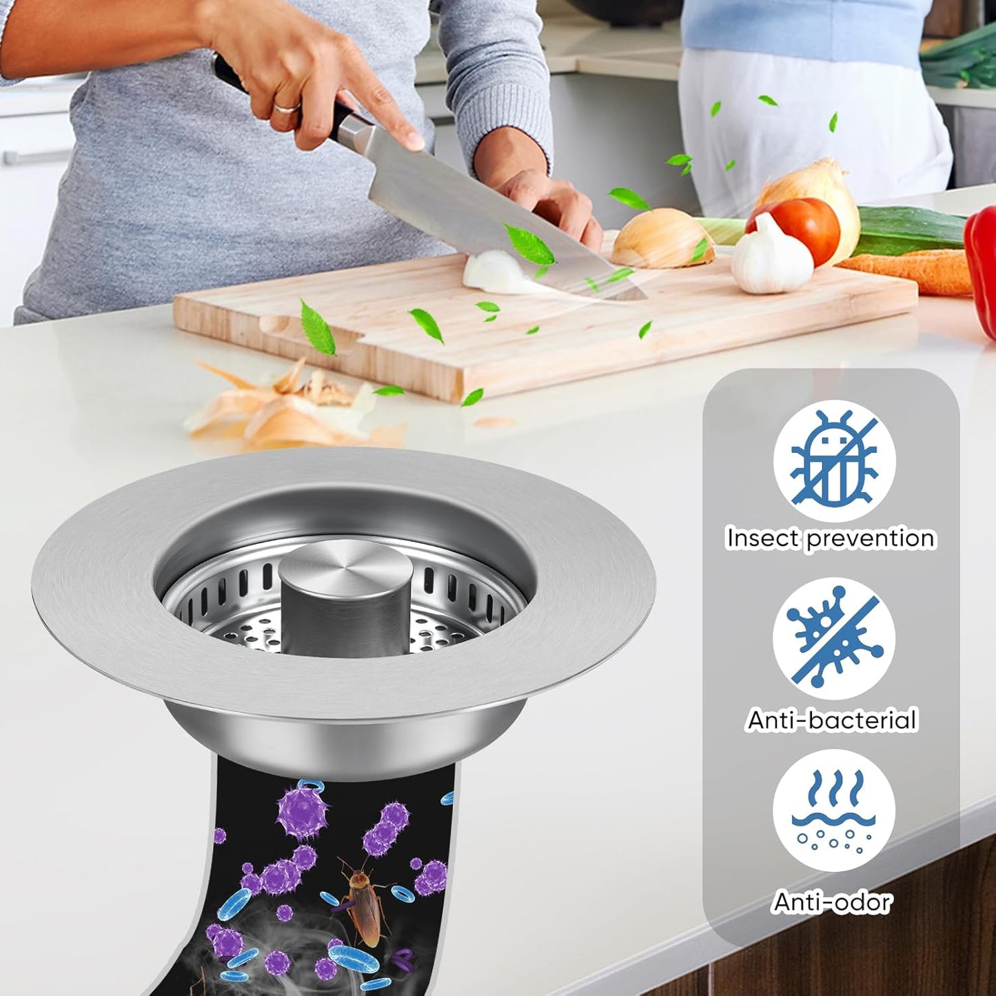 Upgraded 3 in 1 Kitchen Sink Drain Strainer & Sink Stopper,304 Stainless Steel Pop-Up Kitchen Sink Drain Strainer and Stopper Combo,Fits US Standard 3-1/2 Inch Drain, Anti-Clogging Odor Prevention