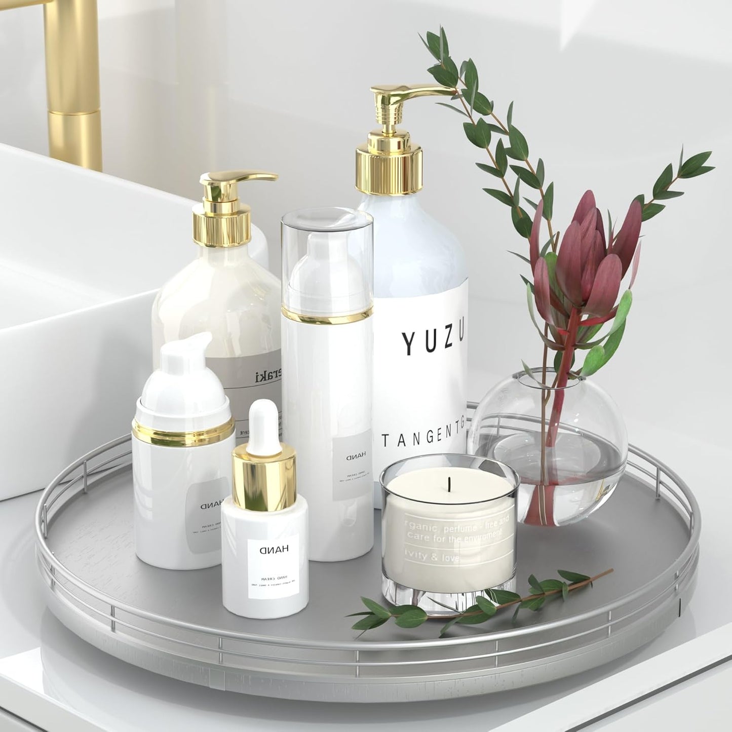 13" Silver Lazy Susan for Table Top, Oak Wood Lazy Susan Turntable Organizer for Dining Coffee Table Centerpiece Bar Decor Kitchen Countertop Bathroom Vanity Decorative Tray for Perfume Jewelry Round