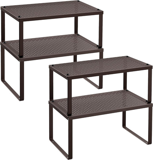 SONGMICS Spice Racks, Set of 4 Metal Cabinet Shelf Organizers, Countertop Organizers, Shelf Risers, Stackable, Expandable, Brown UKCS06BR