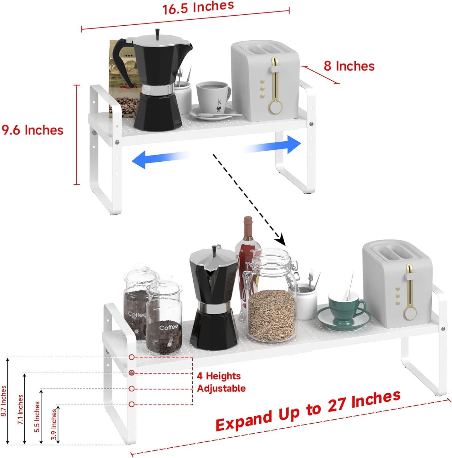 Expandable Cabinet Shelf Organizer Adjustable Metal Spice Rack Stackable Freestanding Counter Storage Shelves for Kitchen Cabinet Under Sink Office Desk (White - 1Pack - L16.5-27'' * W8'' * H9.6'')