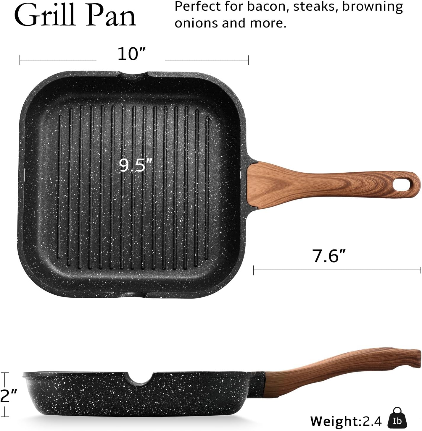 ESLITE LIFE 9.5 Inch Nonstick Grill Pan for Indoor Cooking, Versatile Induction Square Large Grilling Skillet Steak Pan for Stove Tops, PTFE & PFOA Free, Black
