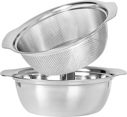 304 Stainless Steel Microporous Colander with Handle, Rice Washers Microporous Strainer Set For washing vegetables, fruits and rice, and draining cooked pasta.