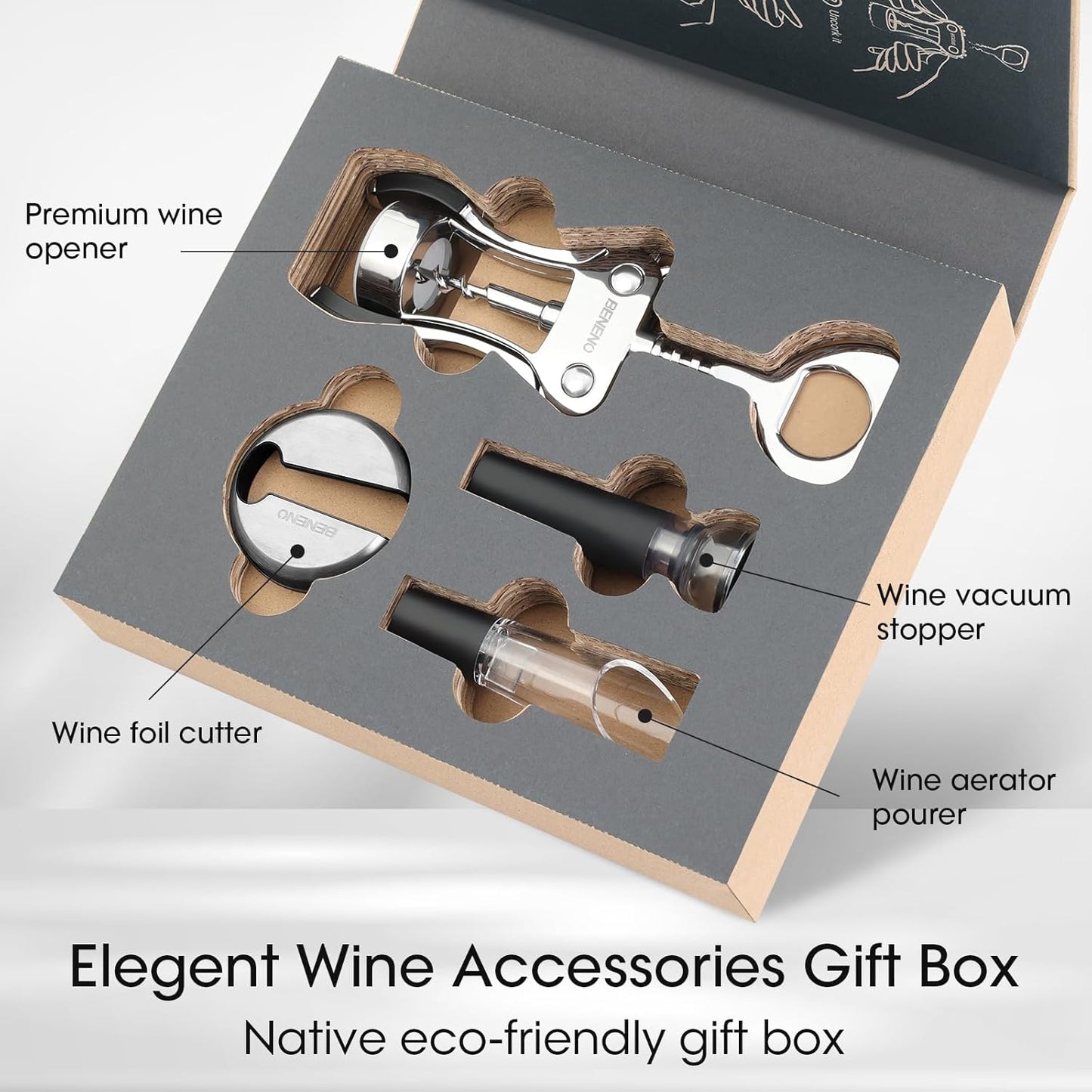 Beneno Multifunctional Wine Bottle Opener Gift Set - Wing Corkscrew, Foil Cutter, Vacuum Stopper & Aerator Pourer, Perfect for Wine Lovers Man Woman, Silver Set
