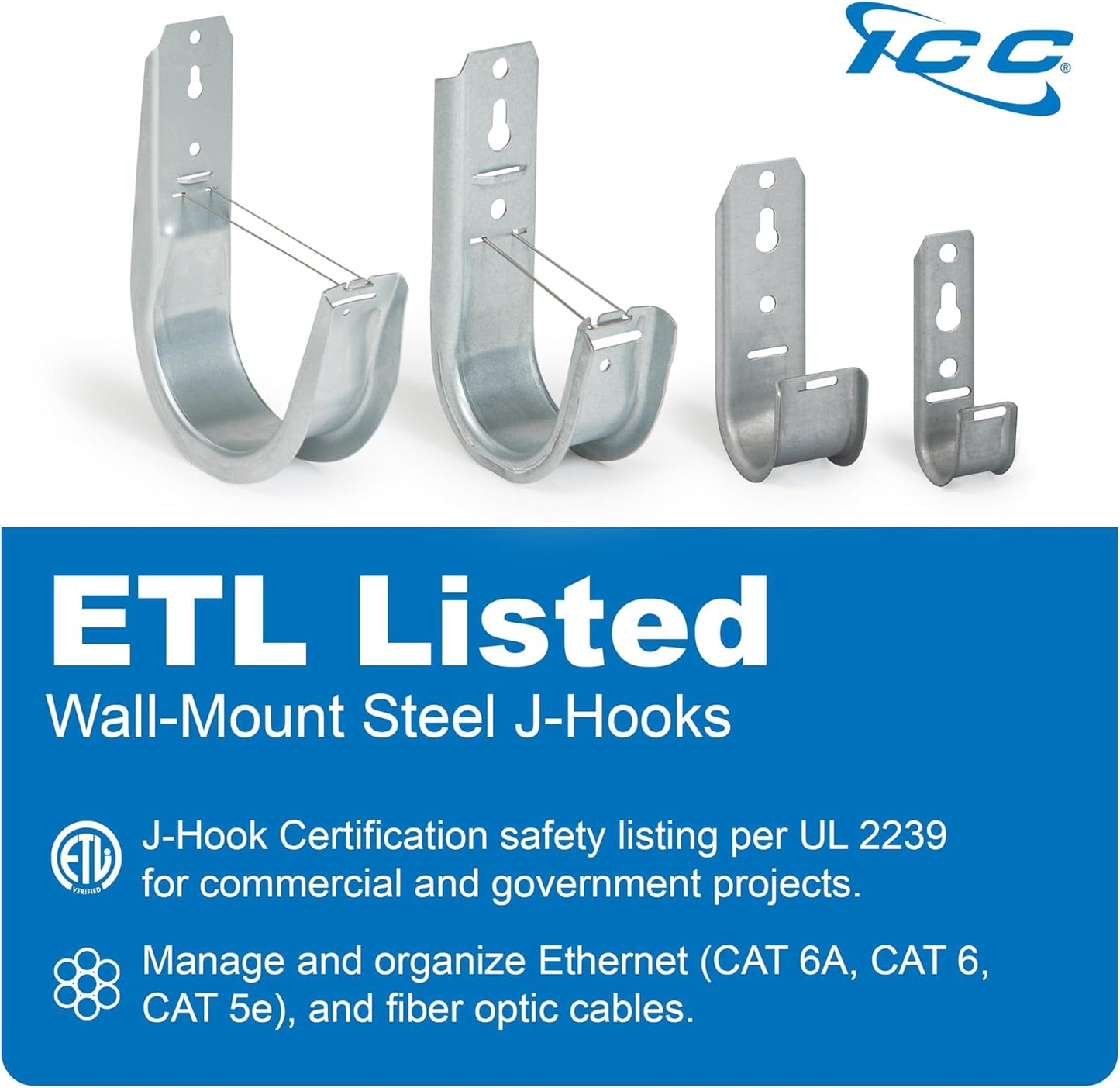 ICC 3/4-Inch Wall Mount J-Hook – 25-Pack, Cable Support Hooks Without Retainer Clips, Galvanized Steel with Zinc Finish – for Structured Cabling and Cable Management