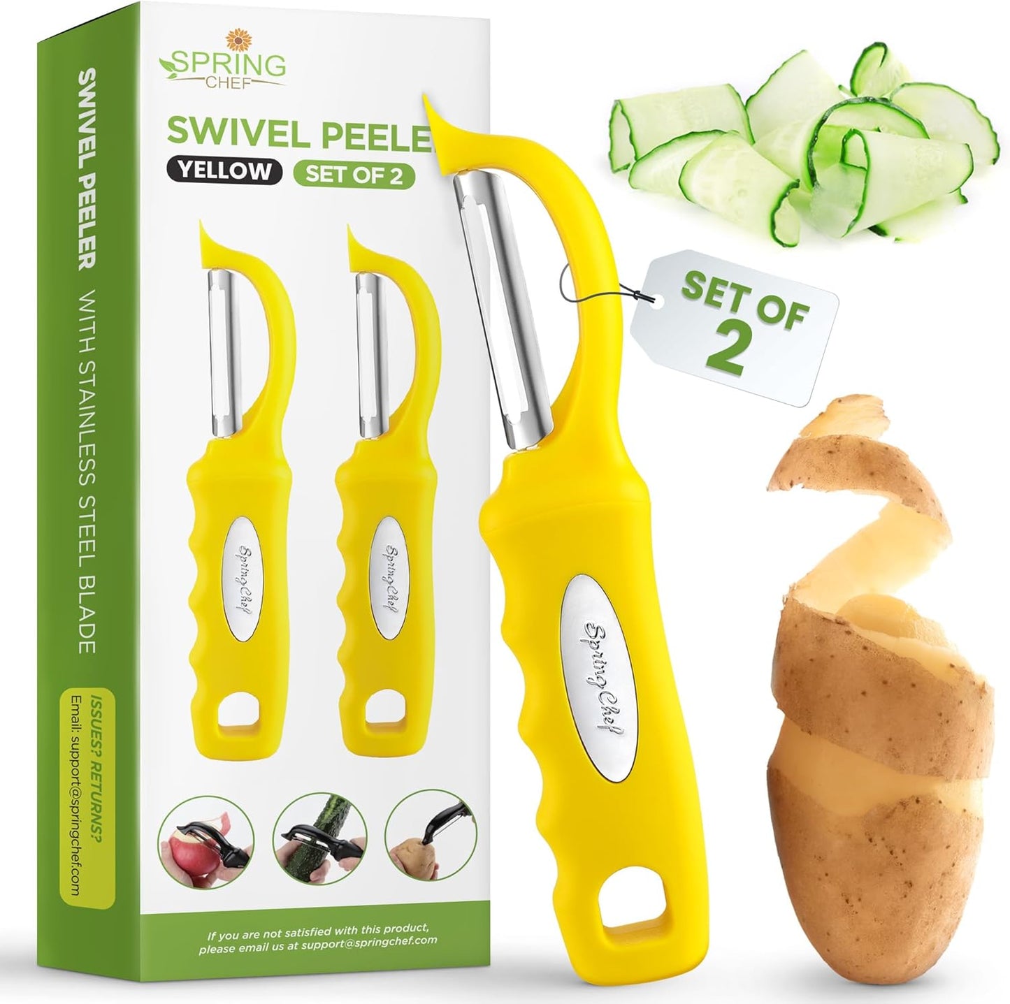 Spring Chef Premium Stainless Steel Yellow Swivel Potato Peelers for Kitchen, Dishwasher Safe Carrot Peeler with Comfortable Handle, Perfect for Vegetable, Fruit, Apple, Cucumber - Set of 2