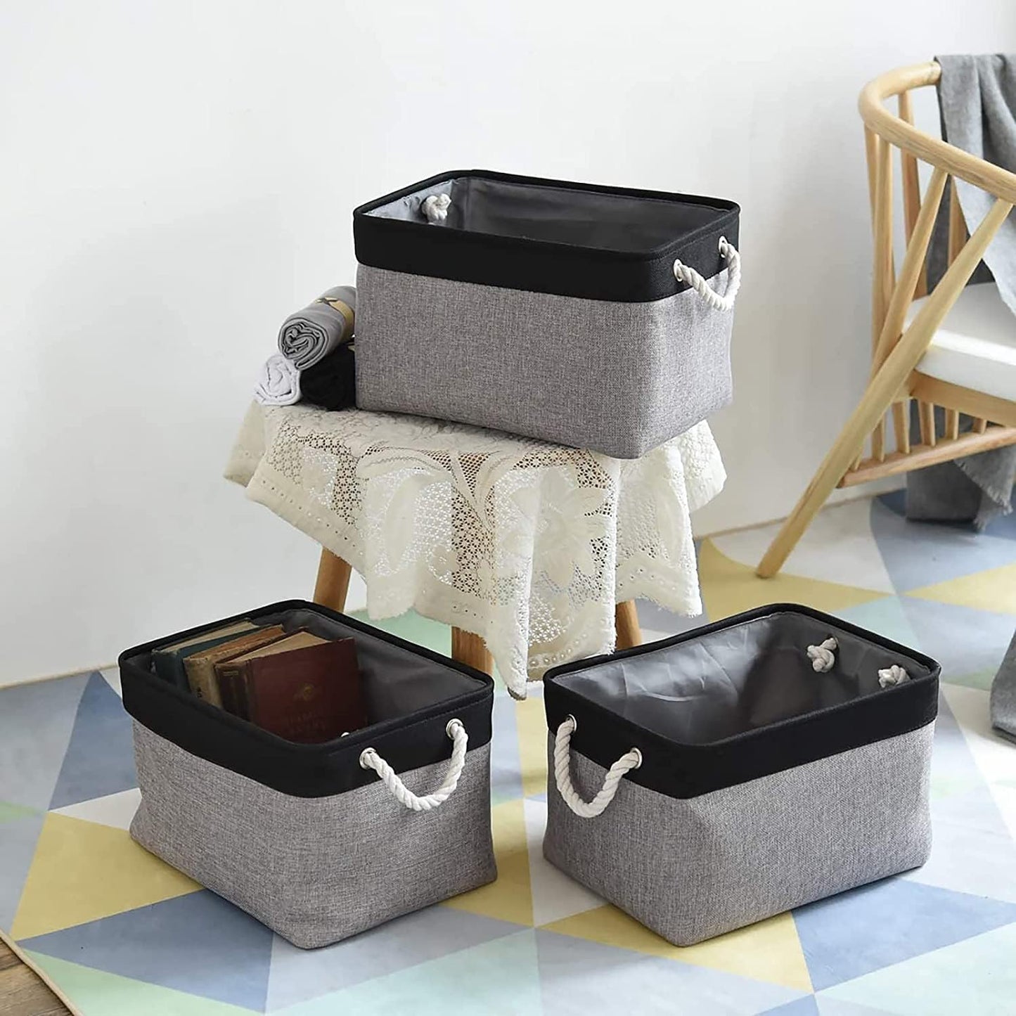 TheWarmHome Collapsible Storage Bin for Shelves - 16x12x8 inch Large 3 Pack Storage Basket for Organizing with Rope, Fabric Storage Cubes for Organizer Toy Cloth Gift Closet (Black & Grey)