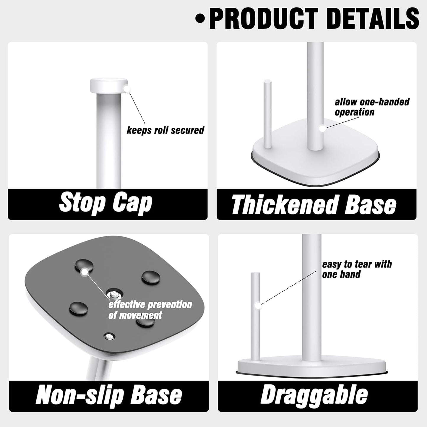 Paper Towel Holder Countertop, Standing Paper Towel Roll Holder for Kitchen Bathroom Organize, Stand with Weighted Base Suction Cups, Stainless Steel One-Handed Operation (White)