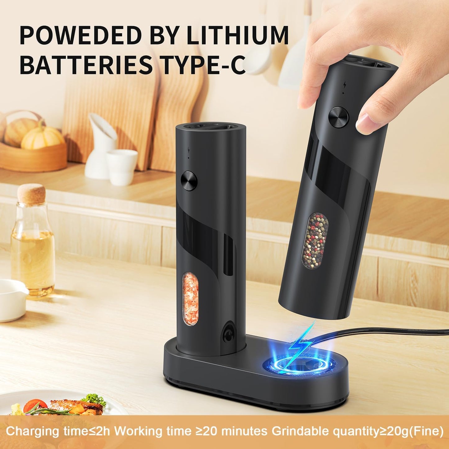 Electric Salt and Pepper Grinder Set with Charging Base，Matte Automatic Pepper Grinder Set Top-Refill, Flexible Coarsenes, 110ml Larger Capacity with LED Light for Home Kitchen (2 pack)