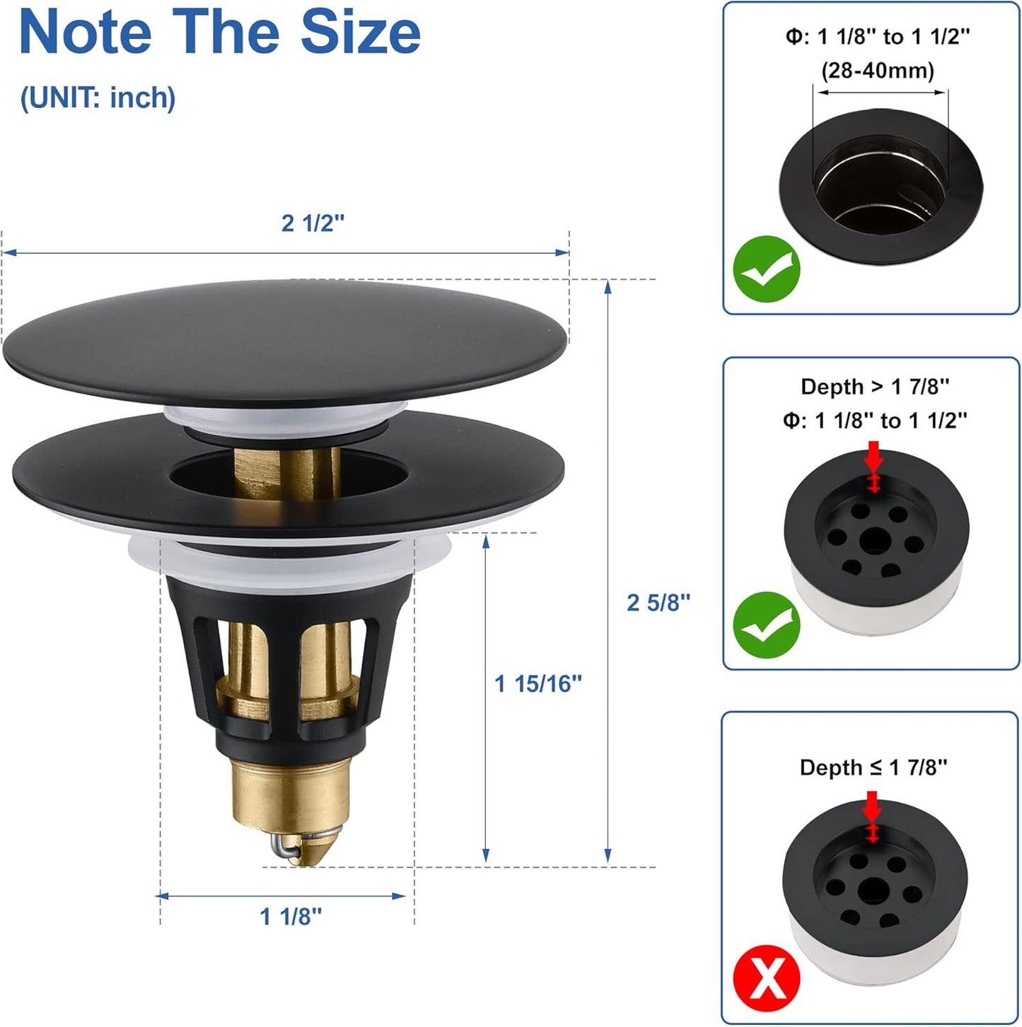 Universal Bathroom Sink Stopper - Pop Up Sink Drain Stopper, Push Button Flixfilter Sink Drain Stopper Replacement, Wash Basin Drain Filter Plug Anti-Clogging Basket, Matte Black