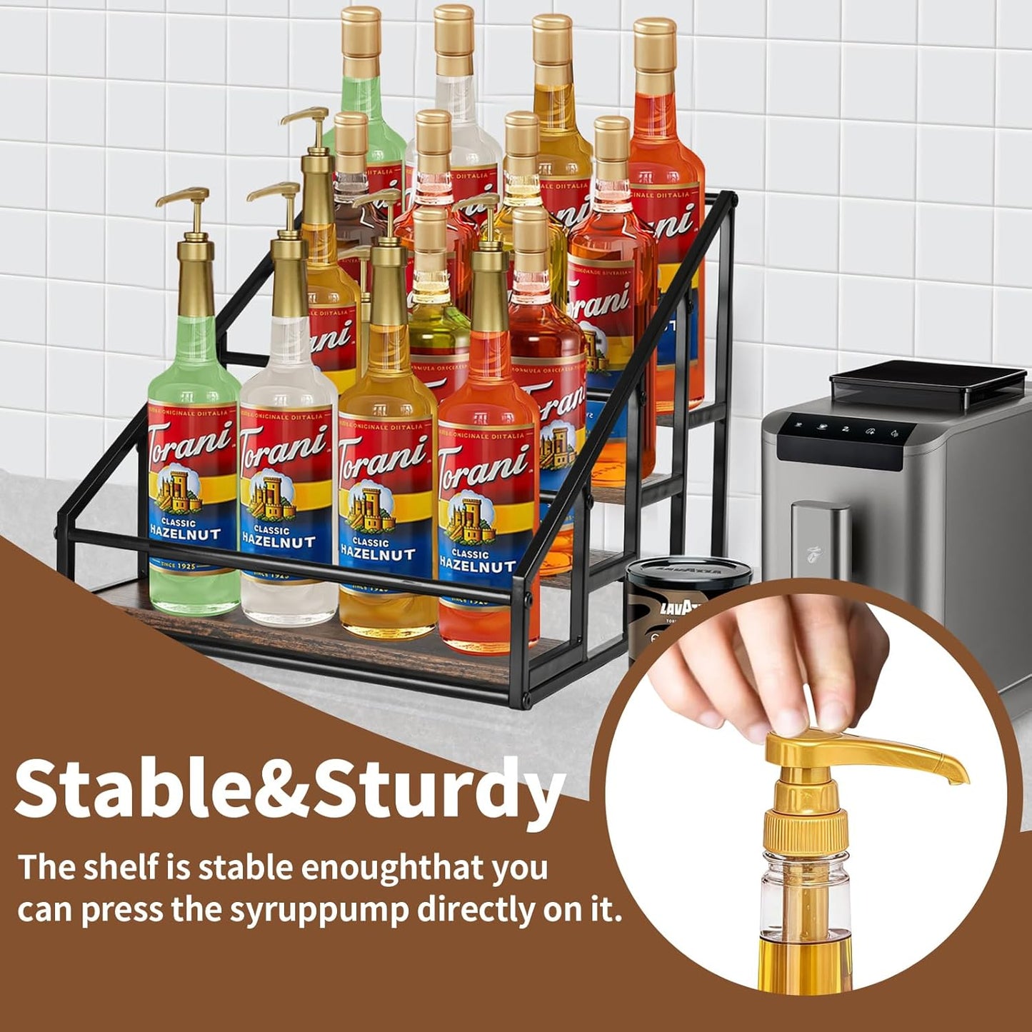 Coffee Syrup Rack Organizer,Liquor Bottle Display Shelf,Water cup display stand,Spice Rack Kitchen Cabinet Organizer,Rustic Brown,2 Packs 4 Tier 16 Bottle Coffee Syrup Holder