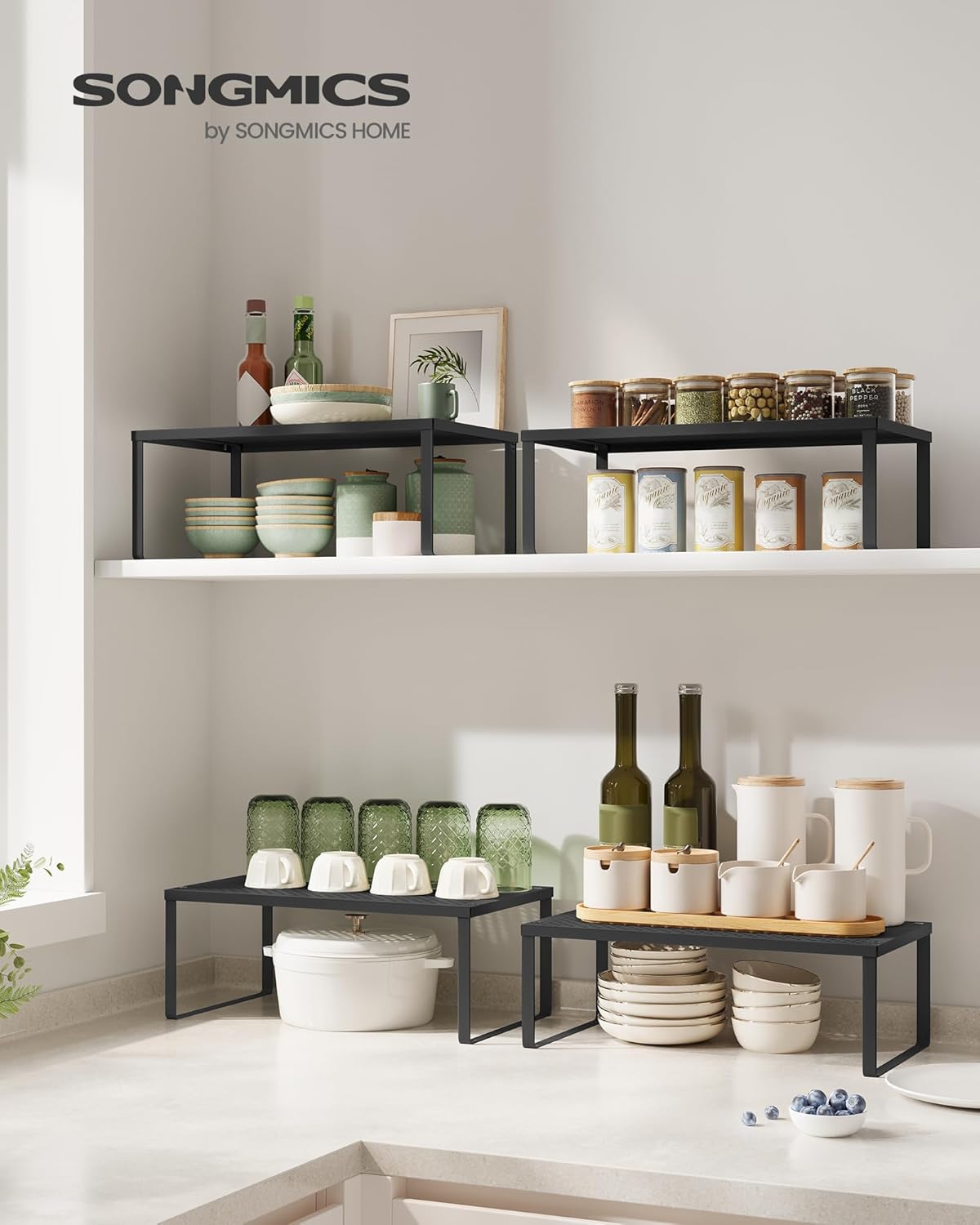 SONGMICS Spice Racks, Set of 2 Metal Cabinet Shelf Organizers, Countertop Organizers, Shelf Risers, Stackable, Expandable, Ink Black UKCS401B01