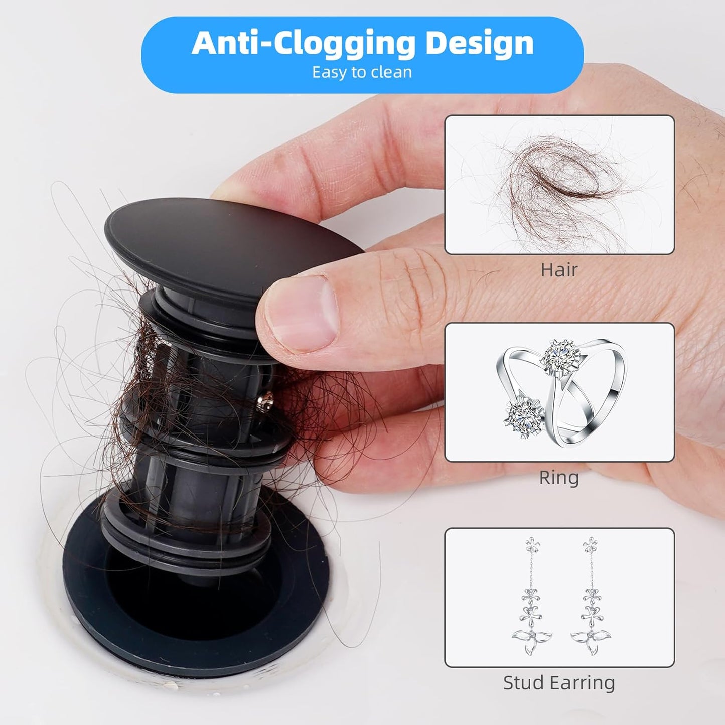 Hibbent 2 Pack Universal Bathroom Sink Drain Stopper, Pop Up Drain Strainer with Overflow, Push and Seal Sink Plug with Basket for Lavatory Vanity Vessel, Anti-Clogging Strainer, Matte Black