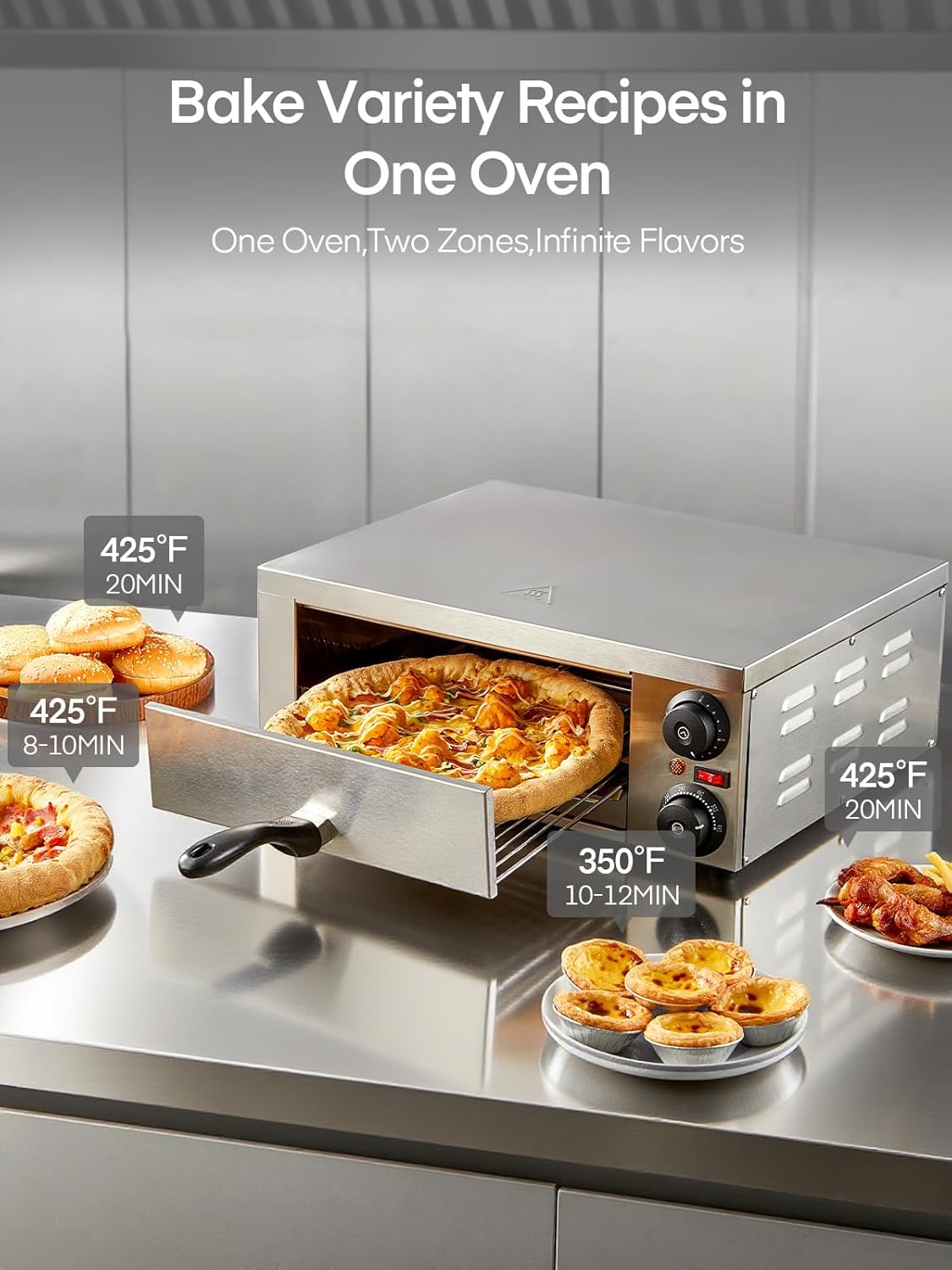 Commercial Pizza Oven, 12 Inch Countertop Pizza Ovens with 662°F Max Temp, Electric Pizza Cooker with Alert Timer, 1500W Stainless Steel Pizza-Maker Machine, for Restaurant, Home, Party, Silver