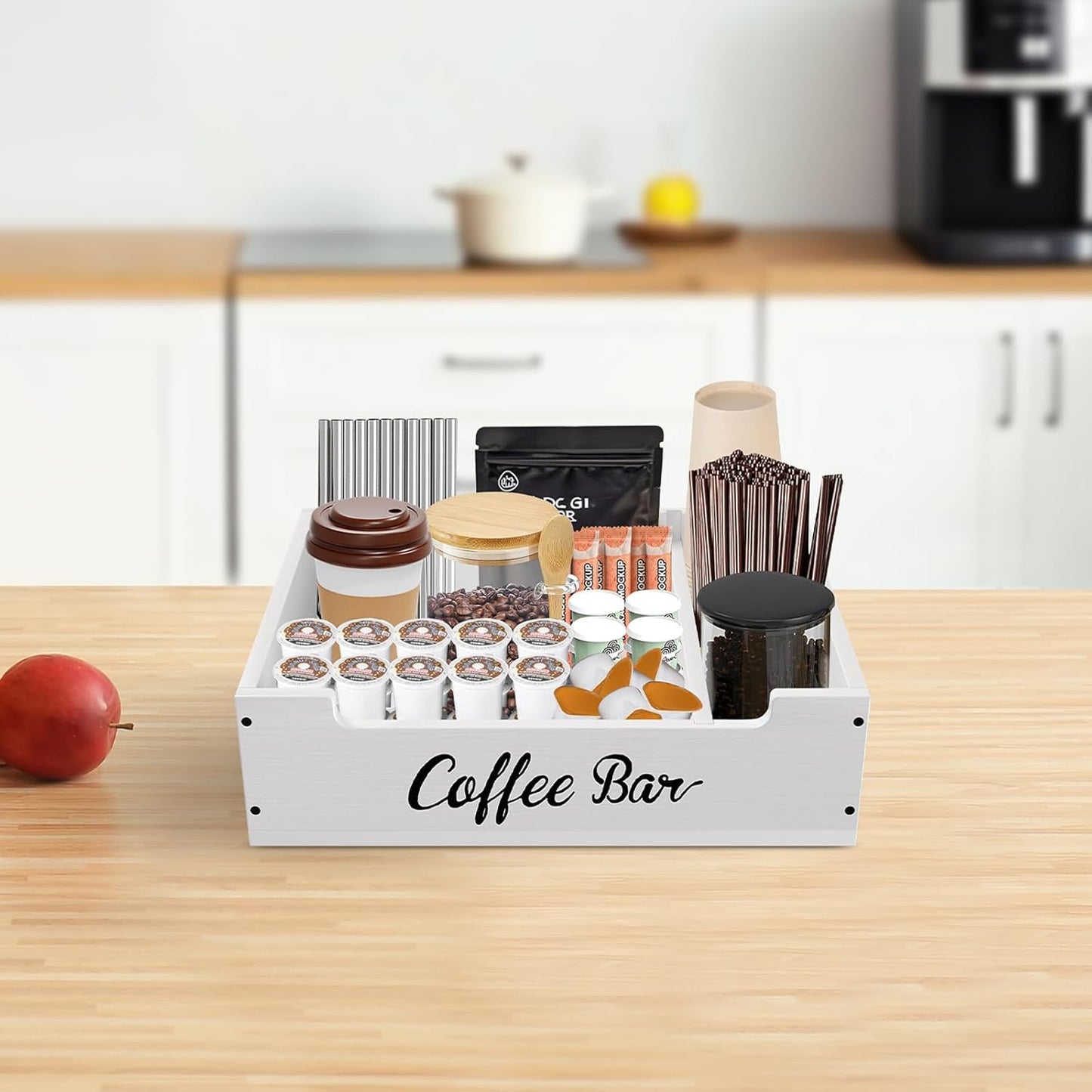 Coffee Pod Bar Station Wooden 14" X 10" X 4" Organizer Box for Countertop, Counter Top Tea Espresso Cup Wood Storage Box, White