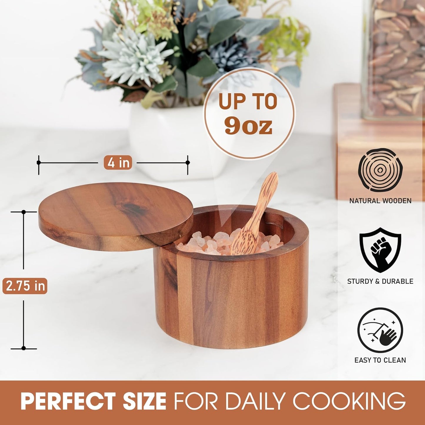 9-ounce Salt Cellar with Spoon and Swivel Lid, Acacia Wood Salt & Spice Box, Salt Keeper, Wood Jar for Kitchen, Perfect for Storing Table Salt, Gourmet Salts, Herbs, or Your Favorite Seasonings
