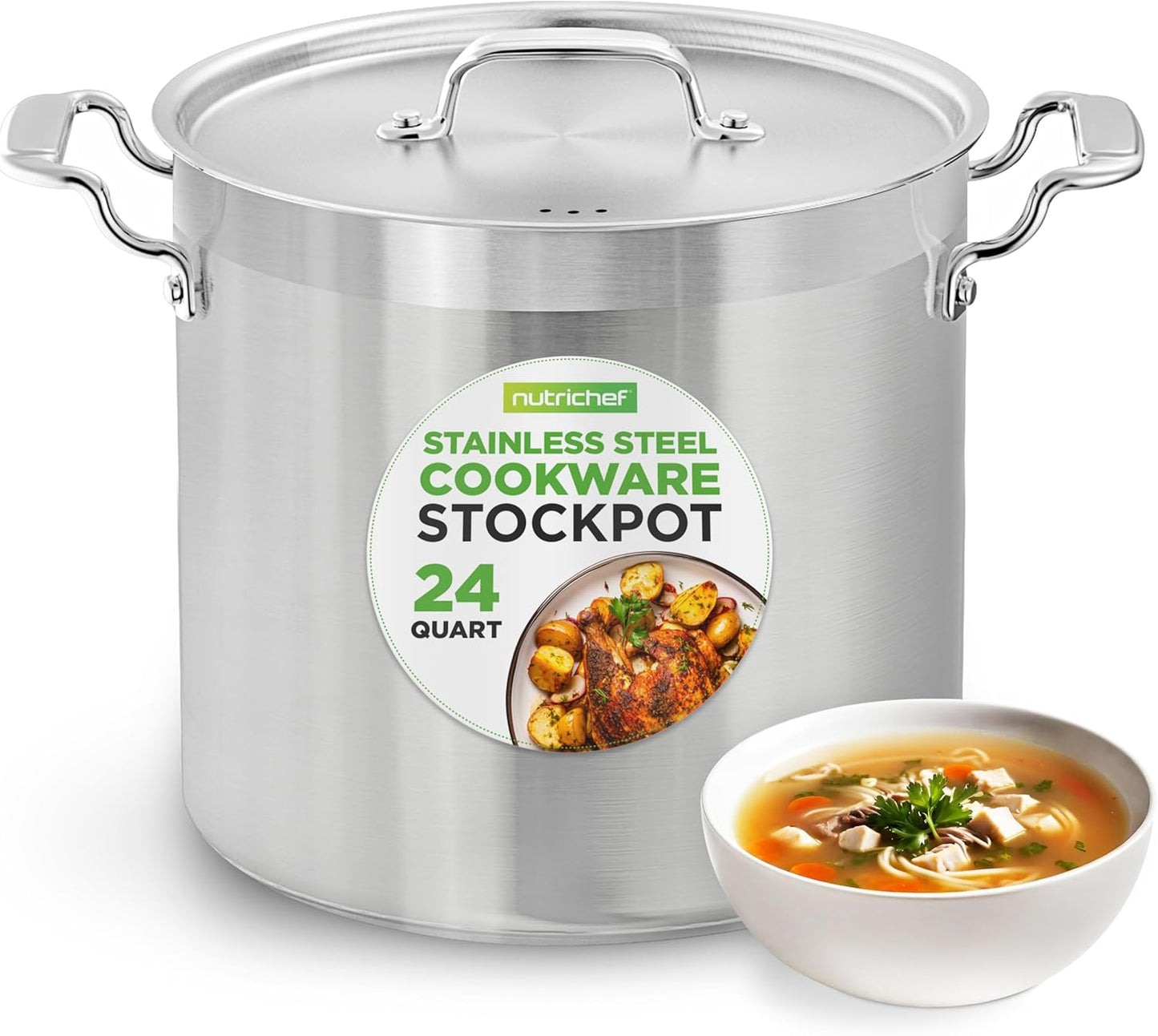 NutriChef Stainless Steel Cookware Stock Pot - 24 Quart, Heavy Duty Induction Soup Pot With Lid, Induction, Ceramic, Glass and Halogen Cooktops Compatible - NCSPT24Q