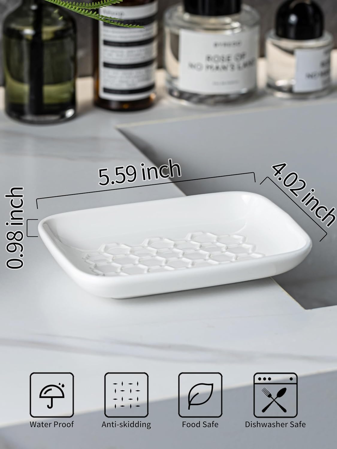 Gomakren Soap Dish for Shower, Bar Soap Holder, Ceramic Soap Dishes for Bar Soap, Sponge Holder Soap Saver Soap Tray for Bathroom Kitchen Sink, 5.5 Inch, White