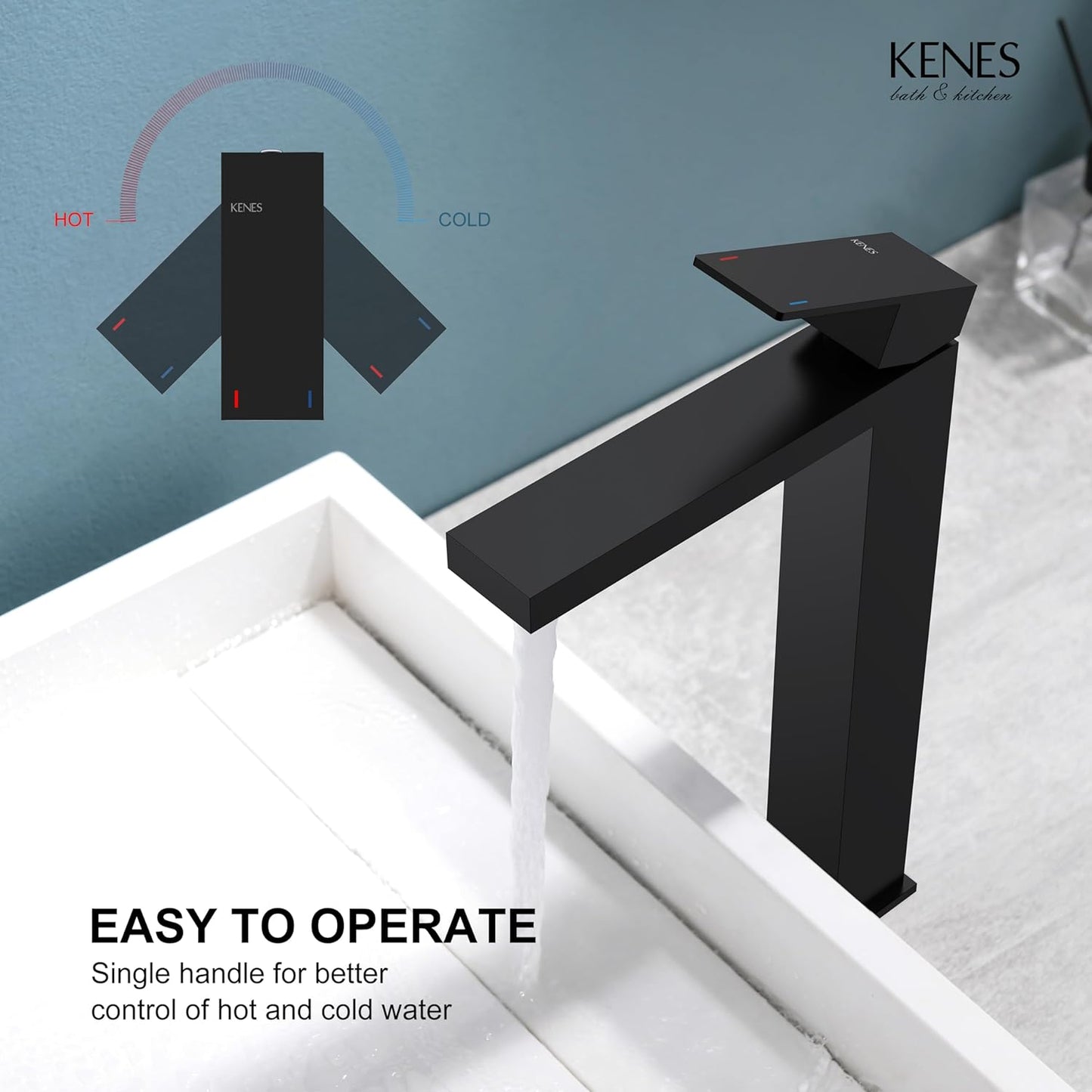 KENES Matte Black Bathroom Faucet Single Handle Tall Vessel Sink Faucet Vanity Bathroom Faucet Basin Mixer Tap with Water Supply Hose and Pop Up Sink Drain, LJ-9031A-2