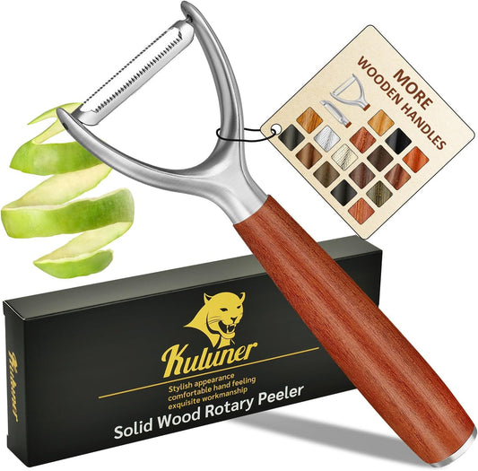 Premium high-end rosewood handle and 304 stainless steel serrated blade - ultra-sharp KULUNER Y-shaped rotary peeler for potatoes, fruits and vegetables, ergonomically designed for easy peeling