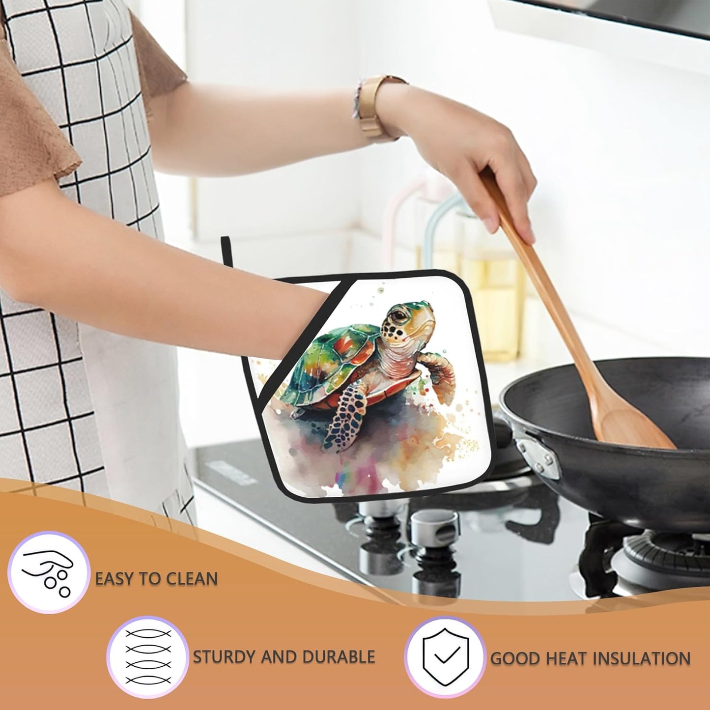 2PCS Turtle Watercolour Pot Holder with Loop,Heat Resistant Oven Pads,Hot Pat for Kitchen Cooking Baking Food