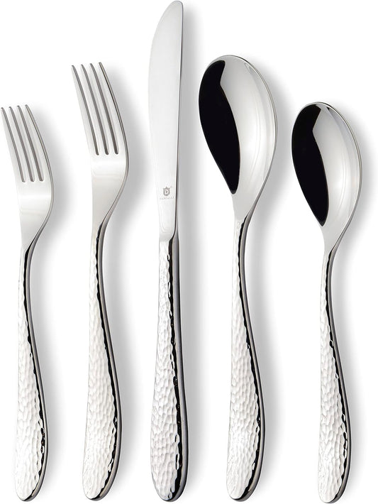Silverware Set for 16 | 18/10 Stainless Steel Flatware Set | Mirror Finish, Heavy-Duty, Dishwasher Safe, Elegant & Durable, Built to Last (80-Piece, Marettimo Hammered)