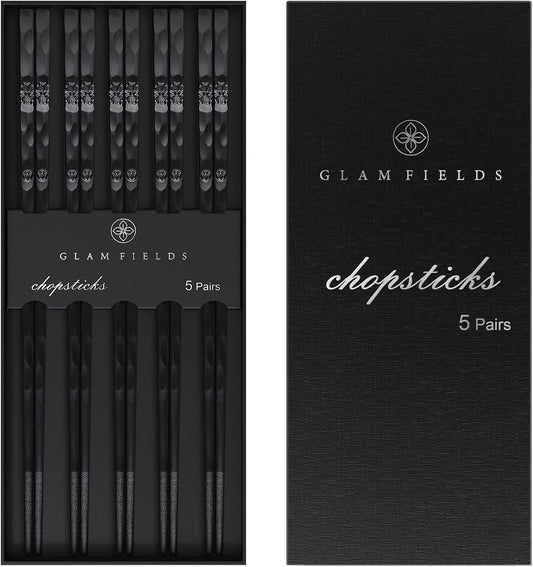 5 Pairs Japanese Fiberglass Chopsticks, GLAMFIELDS Reusable Chop sticks Dishwasher Safe, Non-slip, 9 1/2 inches - Gift Set Black